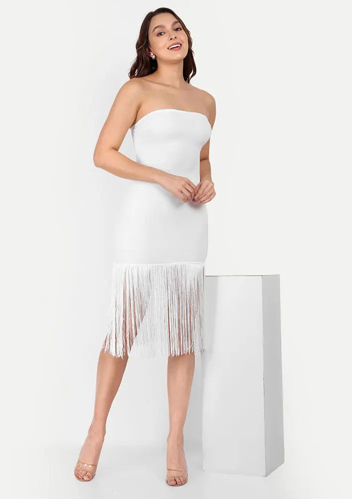 White Strapless Bodycon Mini Dress With Long Fringes IKI CHIC Private Ltd