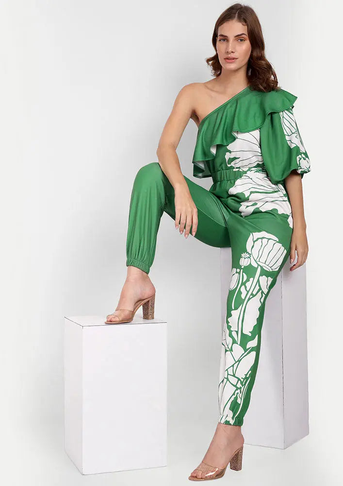 Green Floral Print One Shoulder Ruffle Design Jumpsuit IKI CHIC Private Ltd