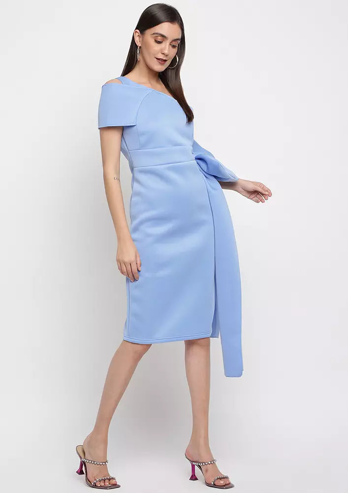 Light Blue One Shoulder Bow Design Midi Dress