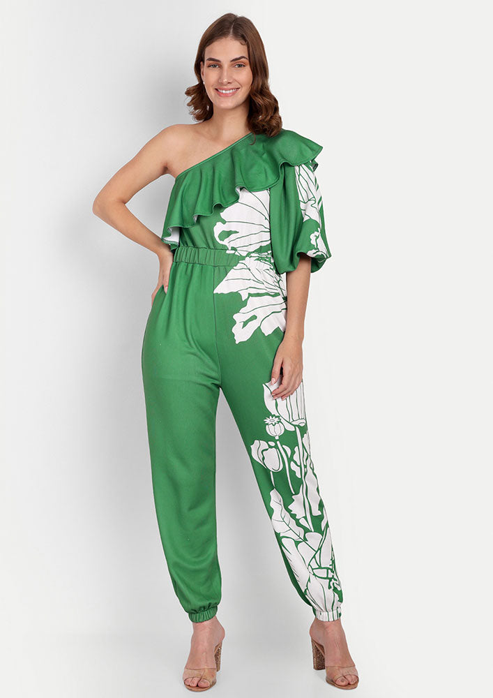 Green Floral Print One Shoulder Ruffle Design Jumpsuit