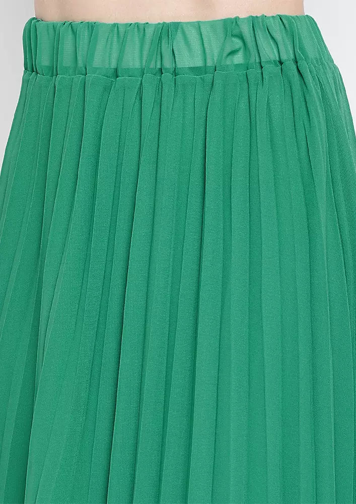 Turquoise Pleated Halterneck Crop Top And Long Skirt Two-Piece Set
