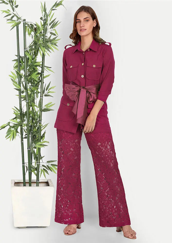 Viva Magenta Linen Shirt With Golden Button Detailing And High Waisted Lace Pants IKI CHIC Private Ltd