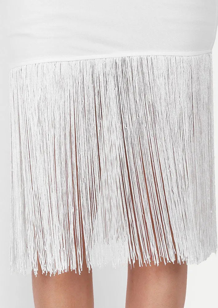 White Strapless Bodycon Mini Dress With Long Fringes IKI CHIC Private Ltd