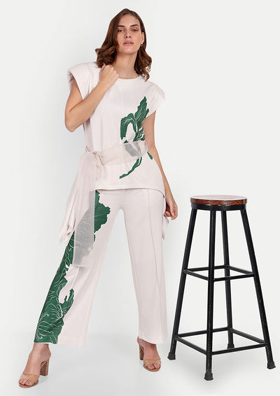 Off-white Floral Print Asymmetric Top And Wide Leg Pants