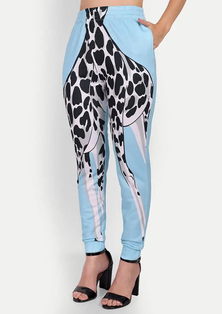 Blue Giraffe Print Zip-Up Hooded Crop Sweatshirt And Joggers Set IKI CHIC Private Ltd