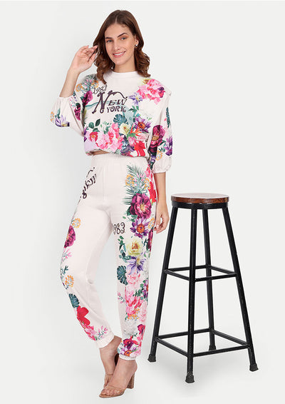 Floral Print Round Neck Crop Top And Joggers Set