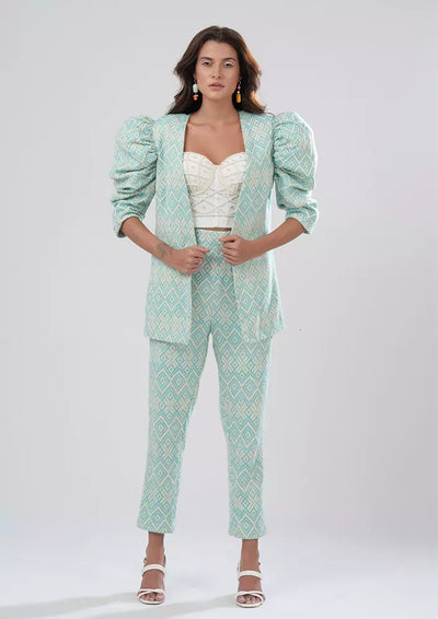 Blue Two Piece Aztec Gathered Puff Sleeve Jacket And Pants Set