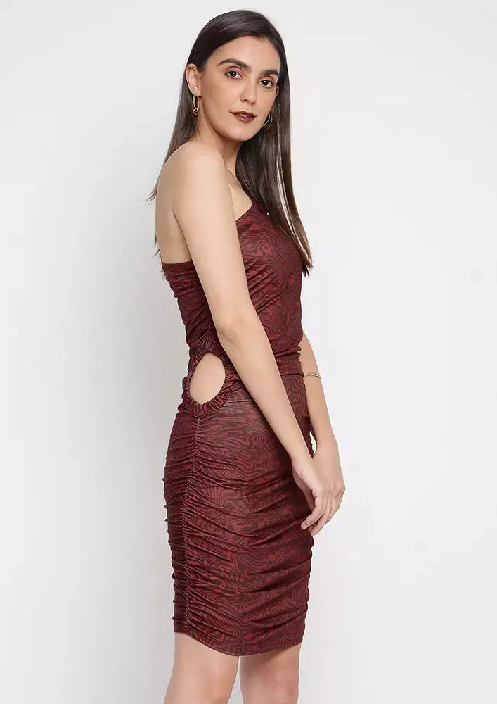 Brown Marble Print One Shoulder Bodycon Mini Dress - IKI CHIC