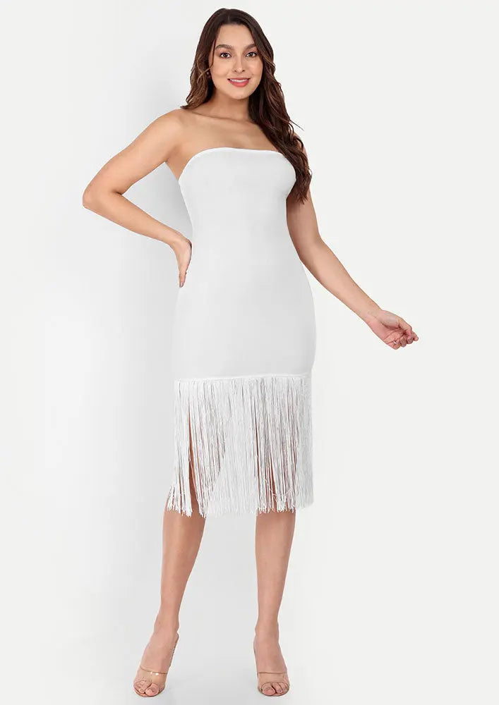 White Strapless Bodycon Mini Dress With Long Fringes IKI CHIC Private Ltd