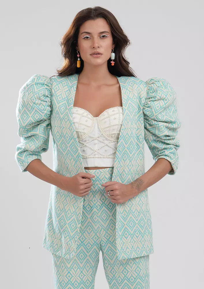 Blue Two Piece Aztec Gathered Puff Sleeve Jacket And Pants Set