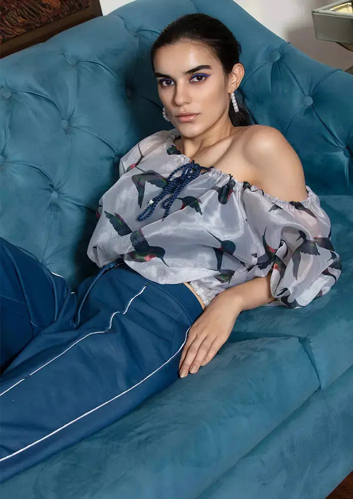 Bird Print Organza Balloon Top With Blue Straight Leg Pants And Tube Inner IKI CHIC Private Ltd