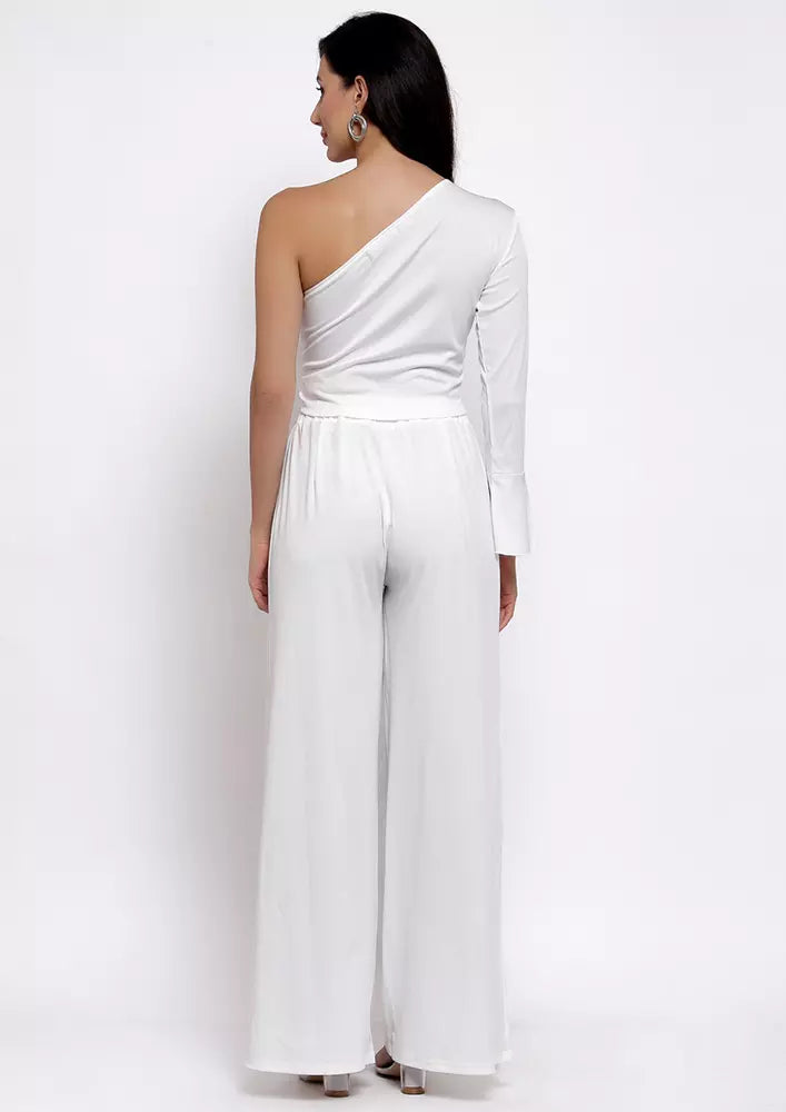 White One Shoulder Front Tie Flared Pants Cordinate Set