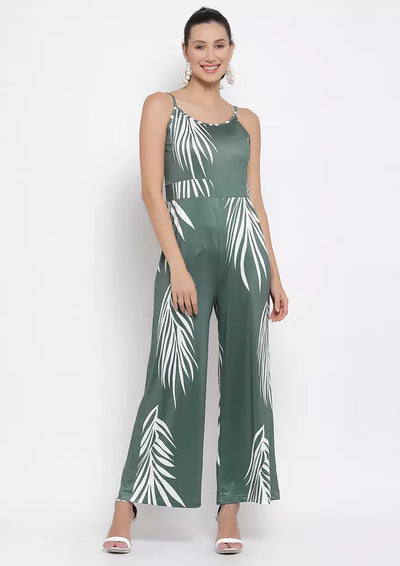 Tropical Printed U-Neck Strappy Flared Jumpsuit