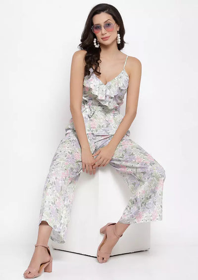 Floral Printed V Neck Sleeveless Wide Leg Ruffle Jumpsuit