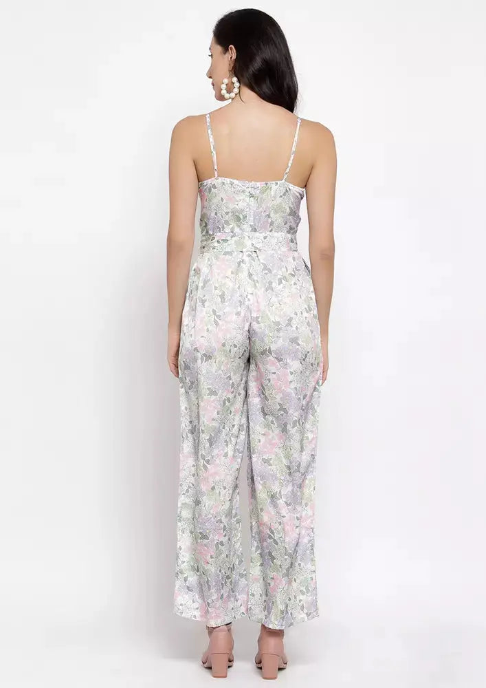 Floral Printed V Neck Sleeveless Wide Leg Ruffle Jumpsuit IKI CHIC Private Ltd