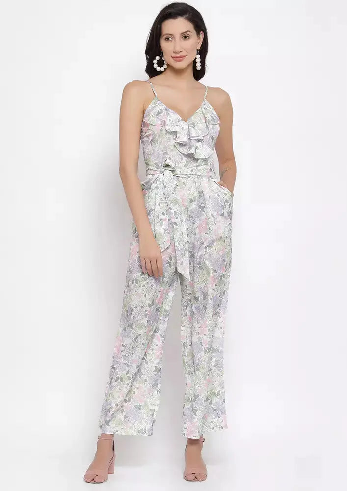 Floral Printed V Neck Sleeveless Wide Leg Ruffle Jumpsuit IKI CHIC Private Ltd