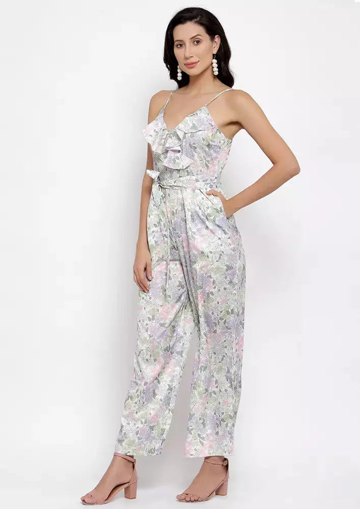 Floral Printed V Neck Sleeveless Wide Leg Ruffle Jumpsuit IKI CHIC Private Ltd