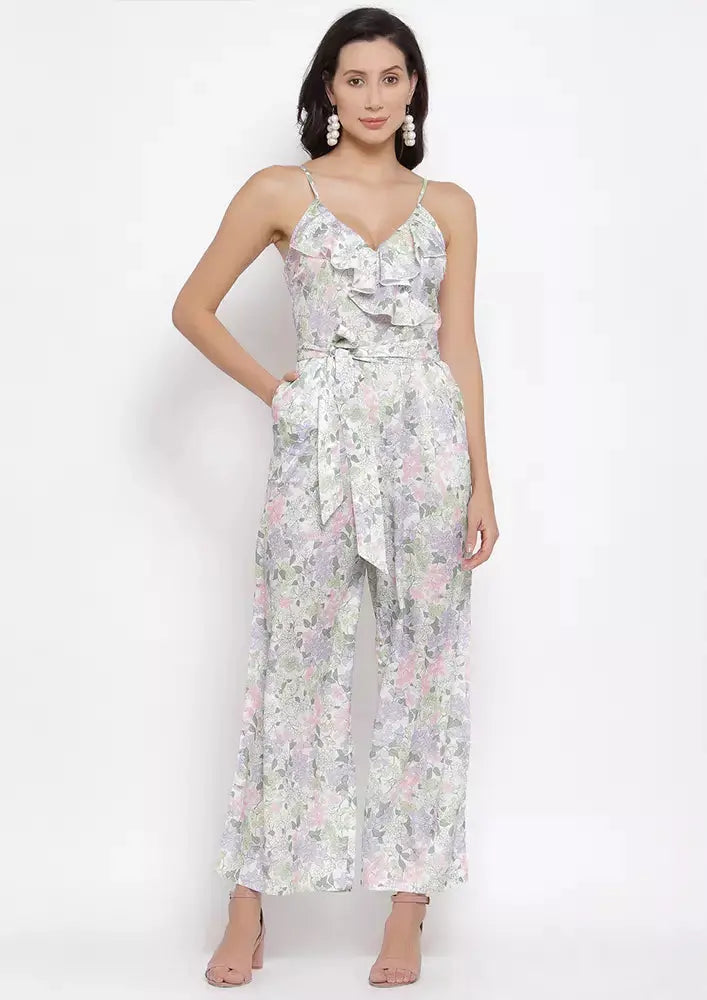 Floral Printed V Neck Sleeveless Wide Leg Ruffle Jumpsuit IKI CHIC Private Ltd