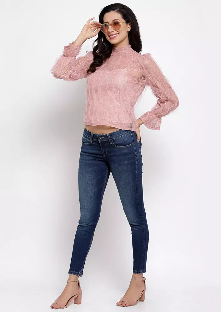 Pink High Neck Lace Top