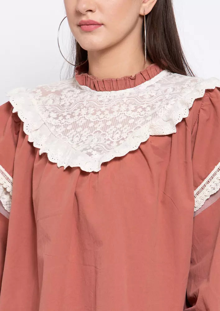 Stand Collar Lace Embroidered Top