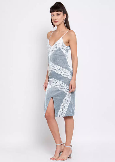 Blue Strappy Lace Embroidered Front Slit Midi Dress