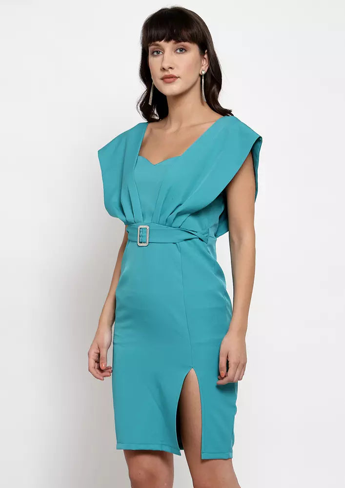 Green Mid Length Formal Dress With A Belt