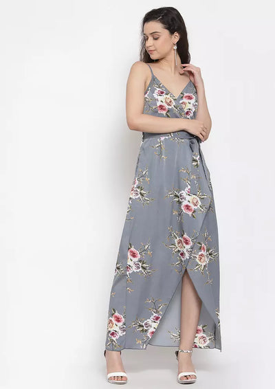 Grey Floral Wrap Maxi Dress With Slit