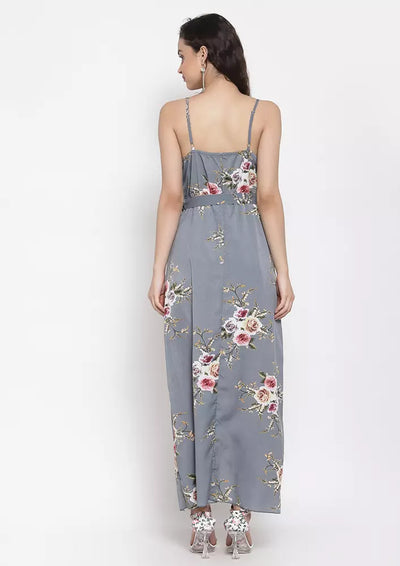Grey Floral Wrap Maxi Dress With Slit