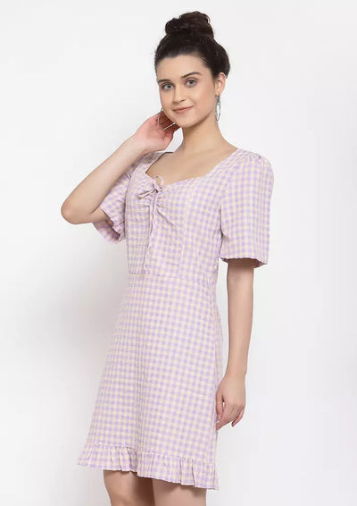 Purple Checked Short Sleeve Frill Hem Dress