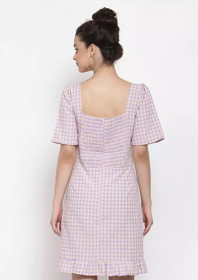 Purple Checked Short Sleeve Frill Hem Dress