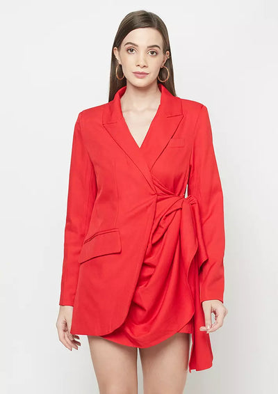 Hot Red Cowl Drape Blazer Dress