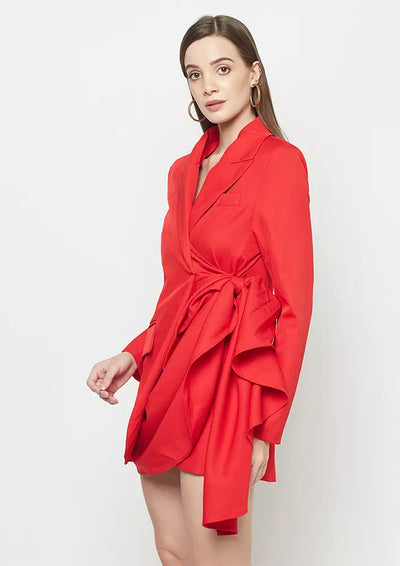 Hot Red Cowl Drape Blazer Dress
