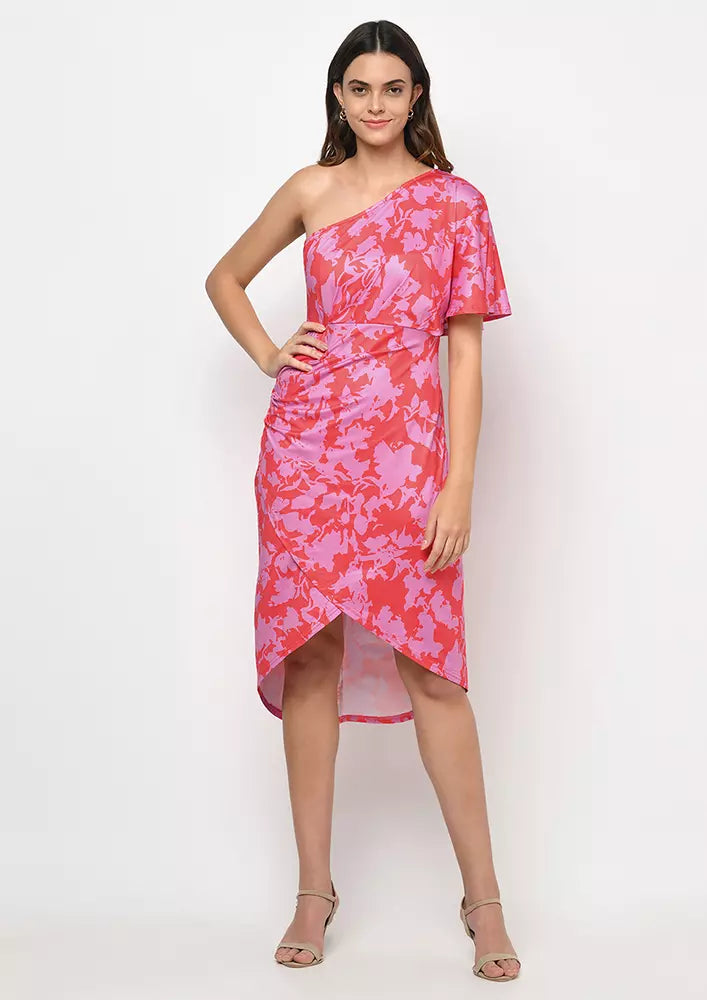 Floral Printed One Shoulder Asymmetric Midi Dress