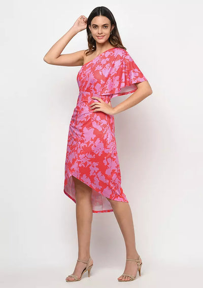 Floral Printed One Shoulder Asymmetric Midi Dress