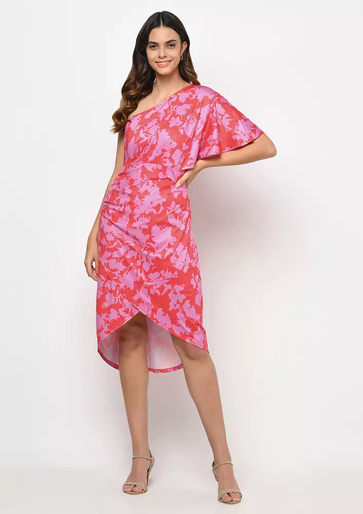 Floral Printed One Shoulder Asymmetric Midi Dress