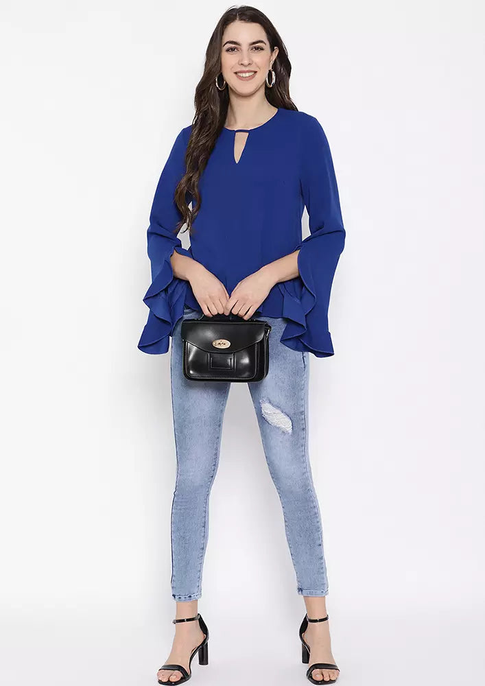 Blue Long Flaired Sleeve Blouse