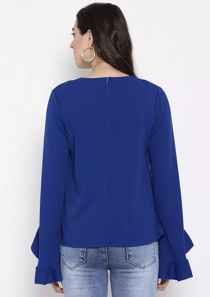 Blue Long Flaired Sleeve Blouse