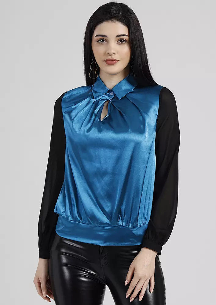 Pleated Blouse With Sheering Sleeves