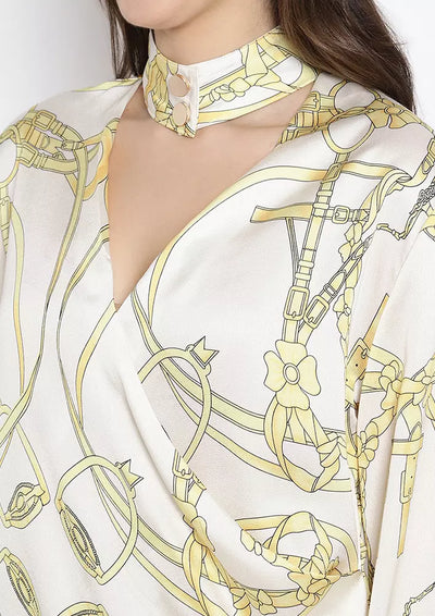Choker Neck Long Sleeves Floral Print Blouse