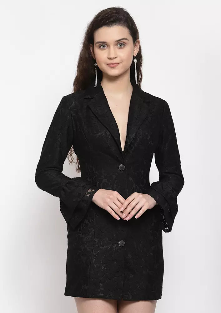 Gorgeous Black Blazer Dress With Ruffled Sleeves