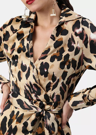 Women V-Neck Leopard Print Midi Dress