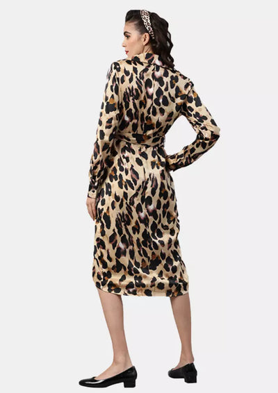 Women V-Neck Leopard Print Midi Dress