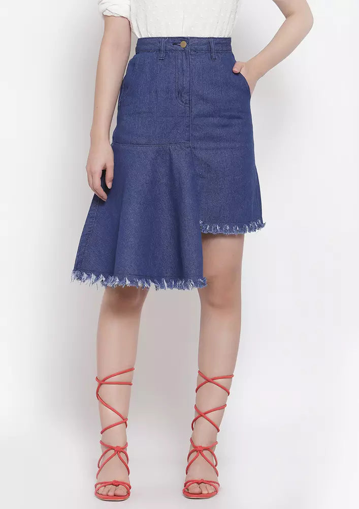 Blue Asymmetrical Denim Midi Skirt IKI CHIC Private Ltd