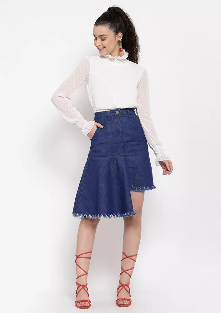 Blue Asymmetrical Denim Midi Skirt IKI CHIC Private Ltd