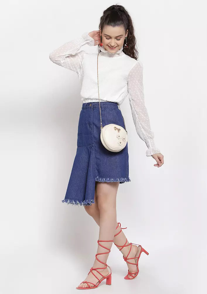 Blue Asymmetrical Denim Midi Skirt IKI CHIC Private Ltd
