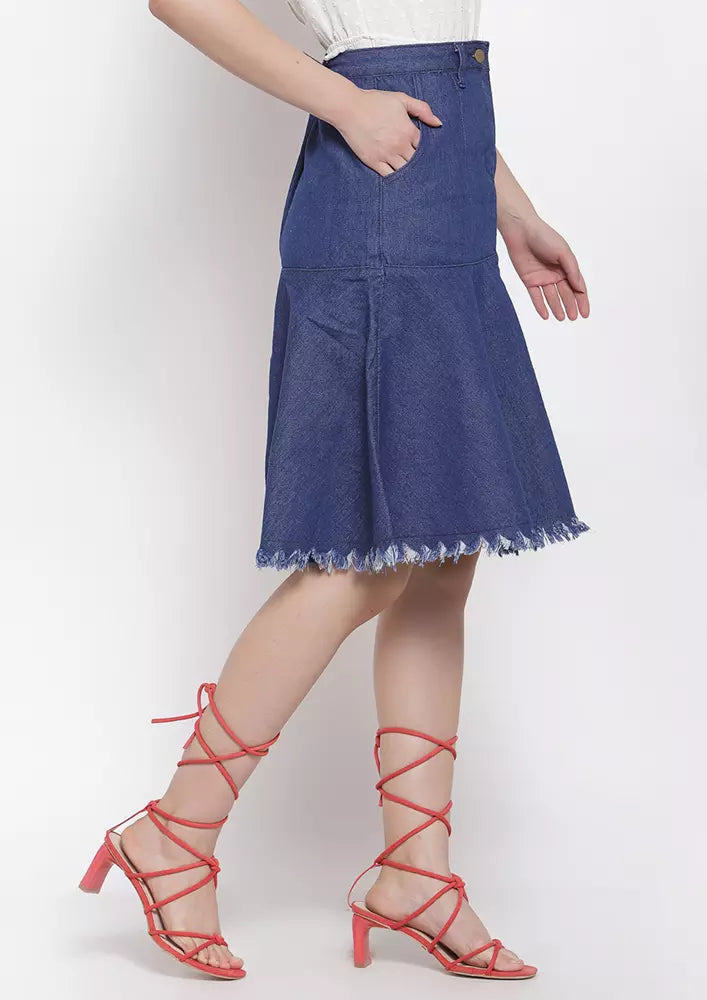 Blue Asymmetrical Denim Midi Skirt IKI CHIC Private Ltd