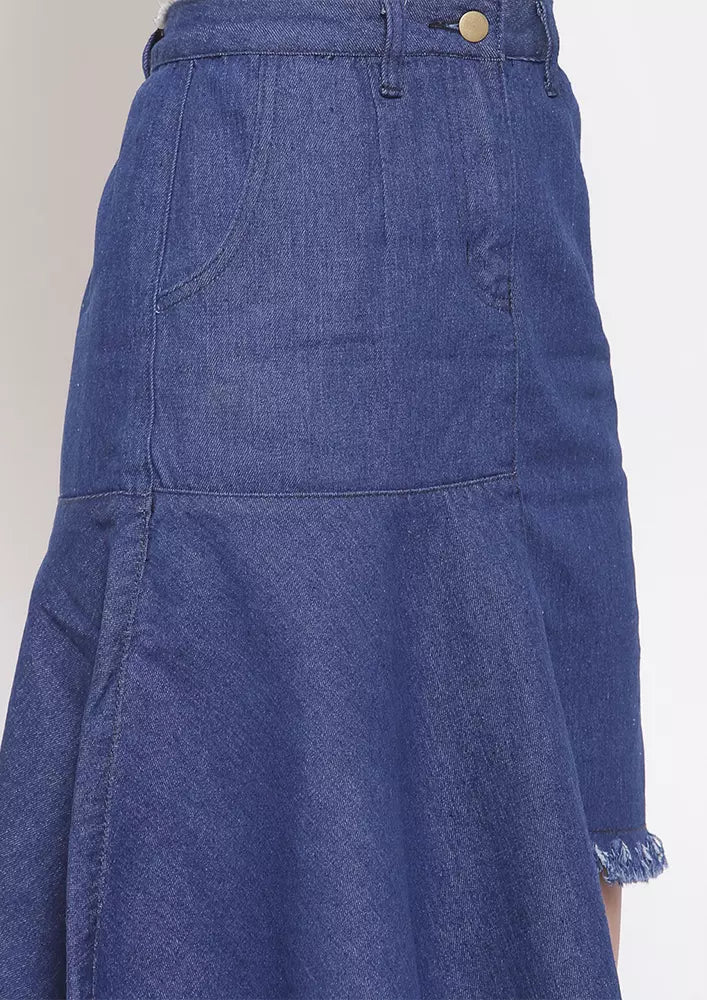 Blue Asymmetrical Denim Midi Skirt IKI CHIC Private Ltd