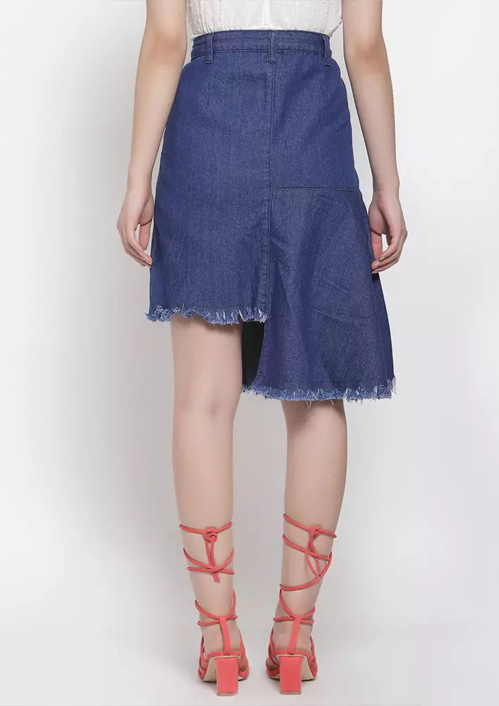Blue Asymmetrical Denim Midi Skirt IKI CHIC Private Ltd