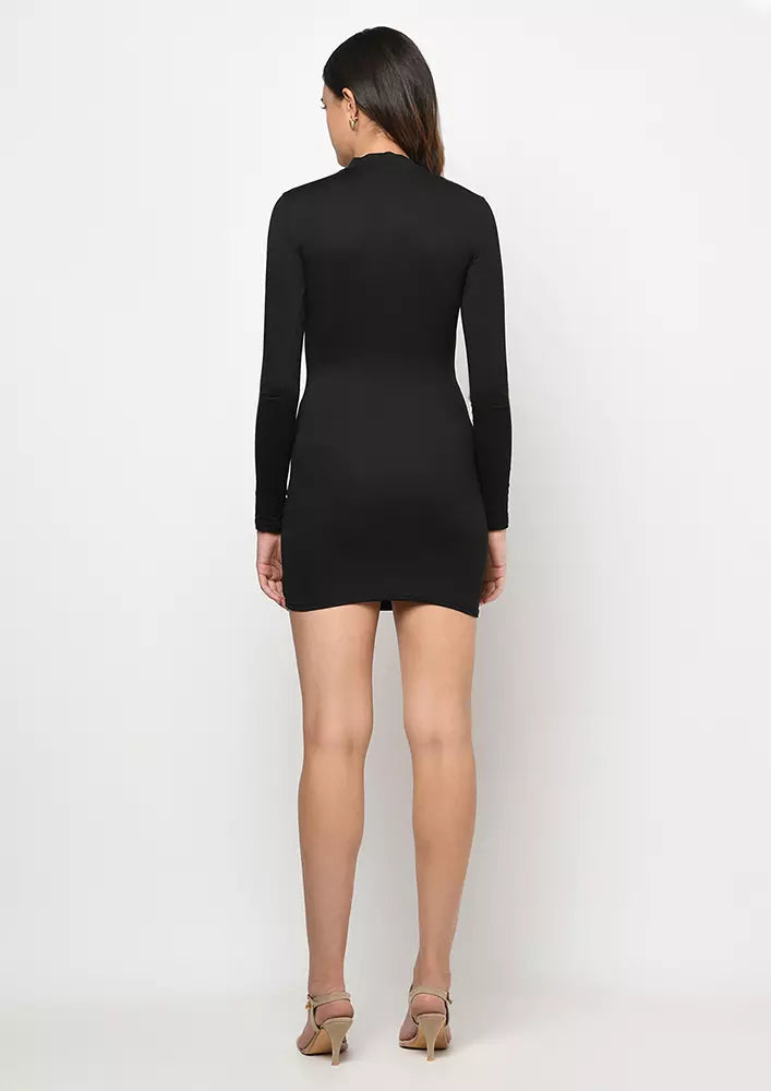 Ribbed Bodycon Ruched Fitted Sleeves Mini Dress black