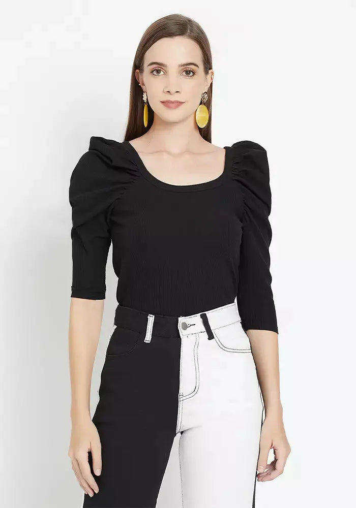 Rib Puff Sleeve Bodyhug Top black